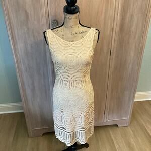 Vintage 90’s Basix II Beaded Nude Lace Cocktail midi Dress  crochet beaded 20’s